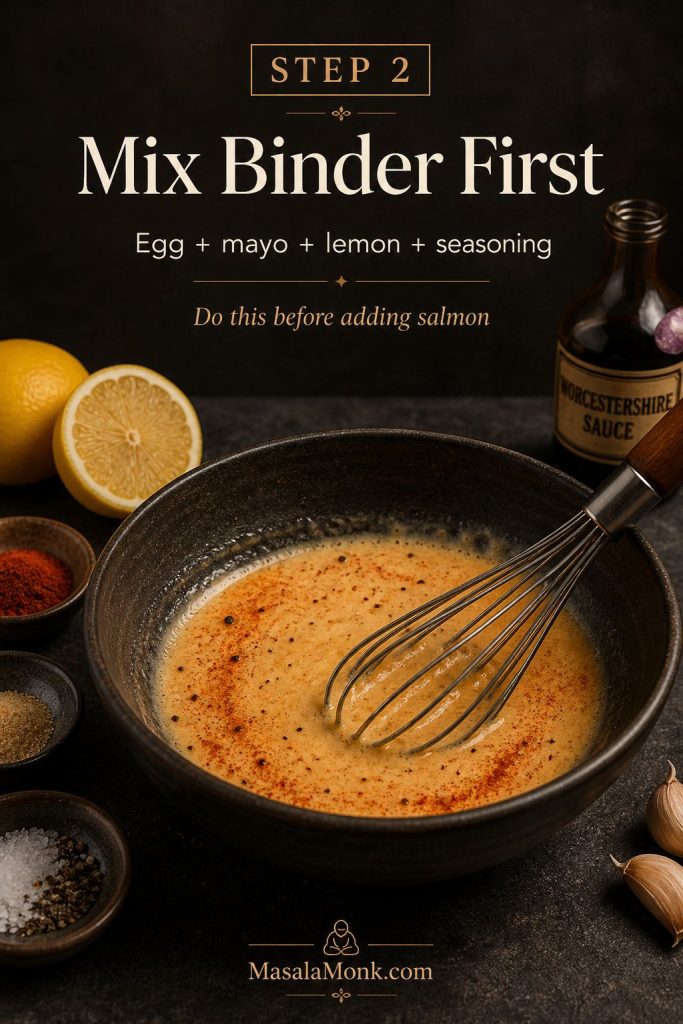 Egg, mayonnaise, lemon juice, Worcestershire sauce, and seasonings being whisked together in a bowl