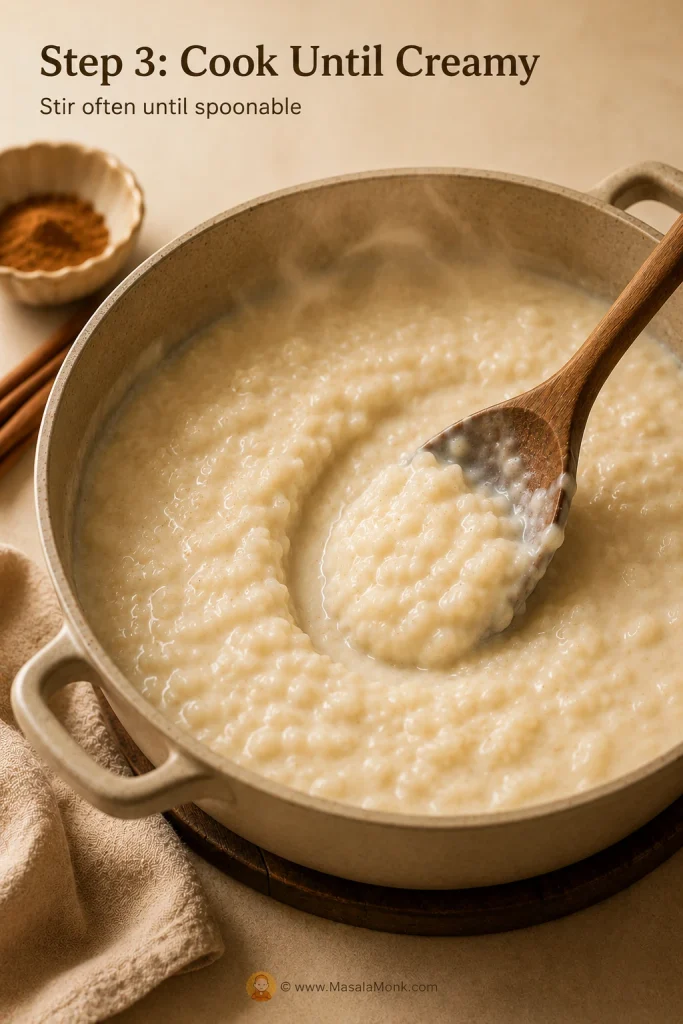 Rice pudding thickening in a saucepan as a wooden spoon creates a creamy trail through the mixture.