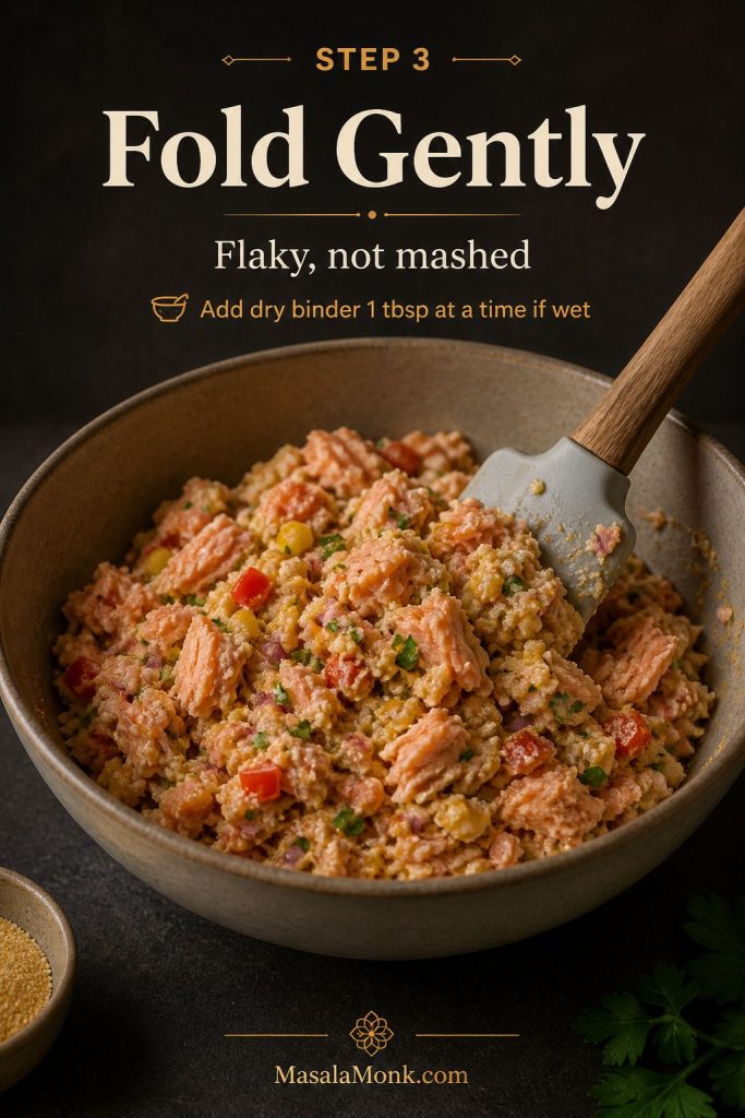Salmon croquette mixture with salmon flakes, onion, bell pepper, cornmeal, flour, and herbs being folded with a spatula