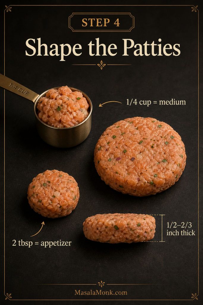 Quarter-cup scoop, medium salmon croquette patty, smaller appetizer patty, and thickness guide