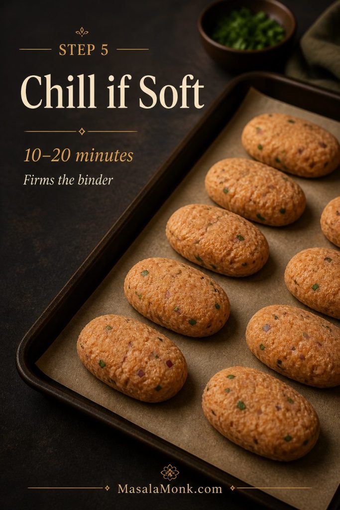Shaped uncooked salmon croquettes resting on a parchment-lined tray before frying