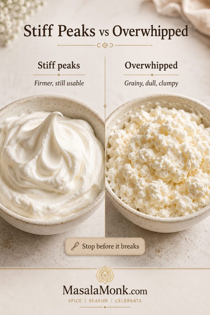 Side-by-side comparison of stiff whipped cream peaks and overwhipped grainy whipped cream.