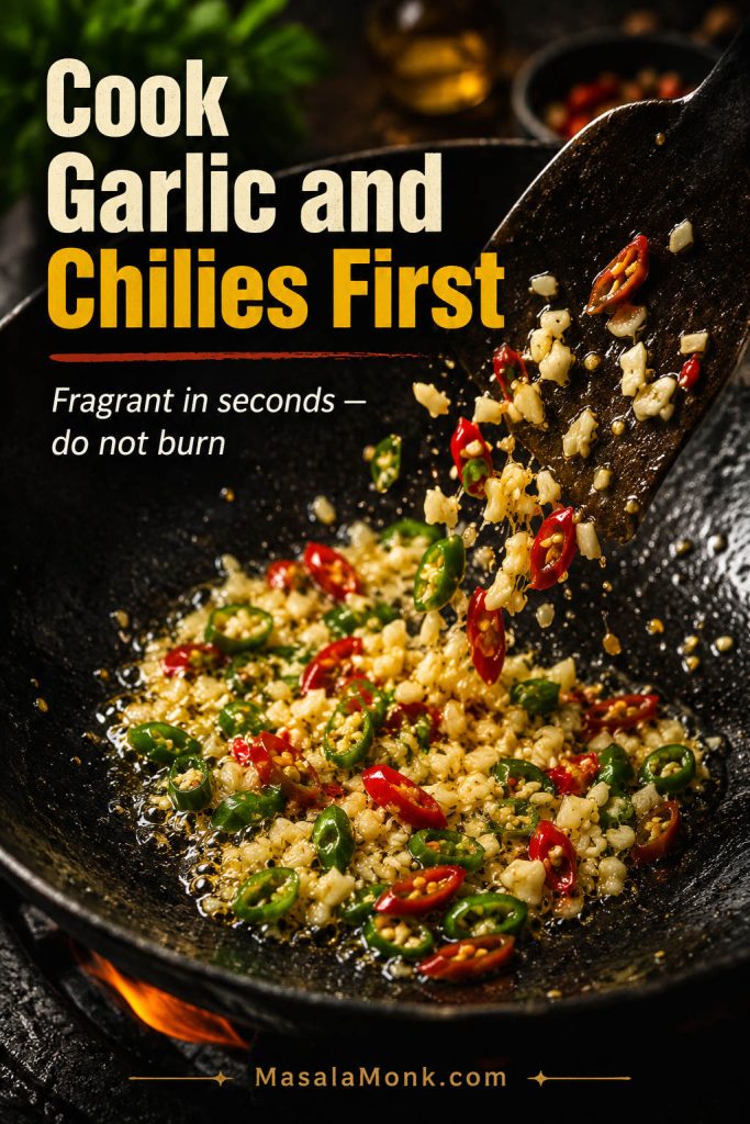 Garlic and sliced red and green chilies sizzling in oil in a wok with a spatula.