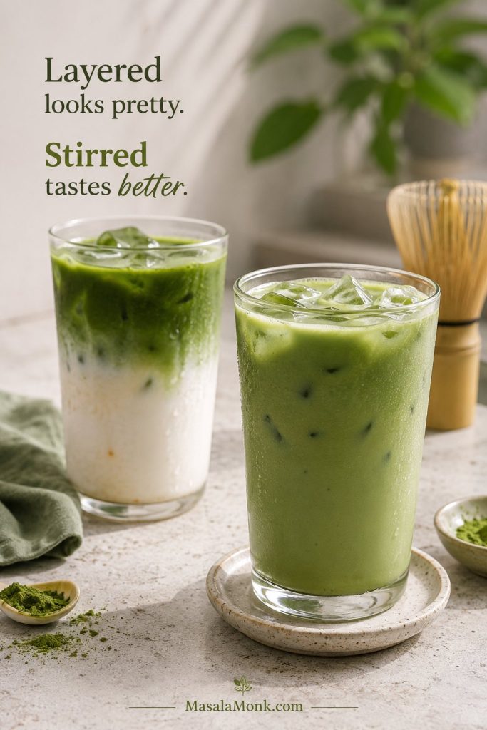 Layered iced matcha latte beside a stirred iced matcha latte on a café counter
