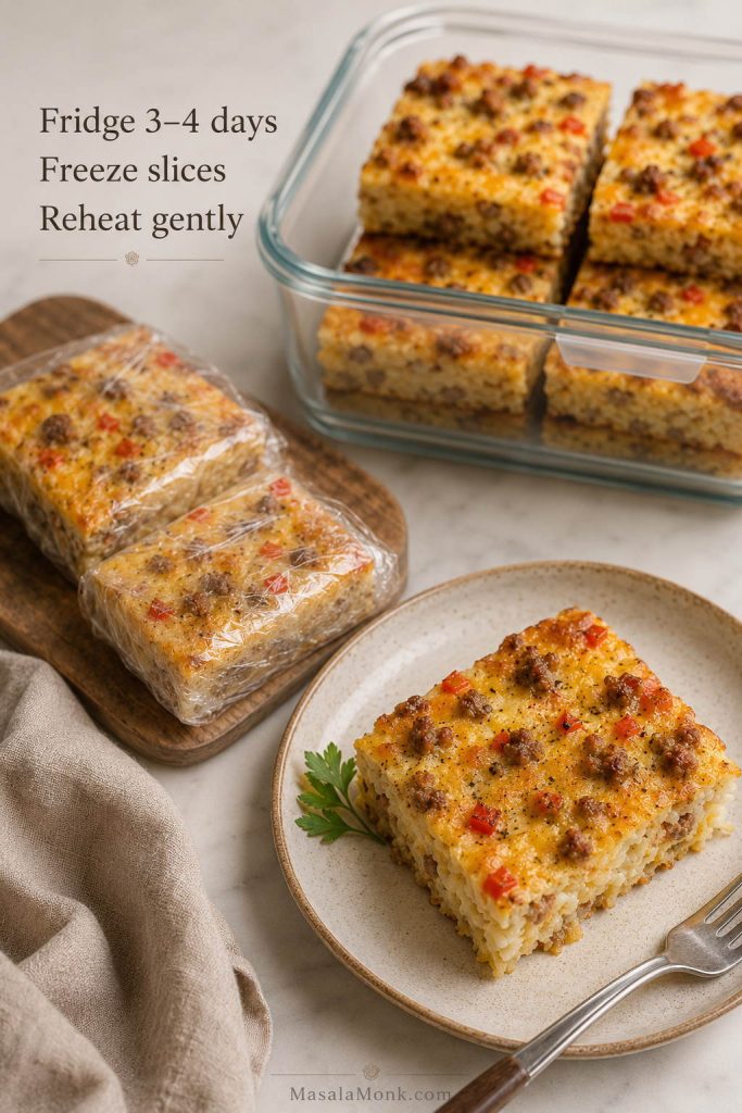Breakfast casserole slices stored in a glass container, wrapped for freezing, and served reheated on a plate.