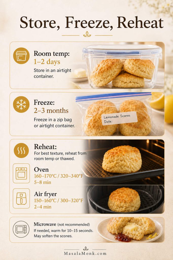 Storage and reheating guide showing lemonade scones in an airtight container, freezer storage, and gentle oven or air fryer reheating.