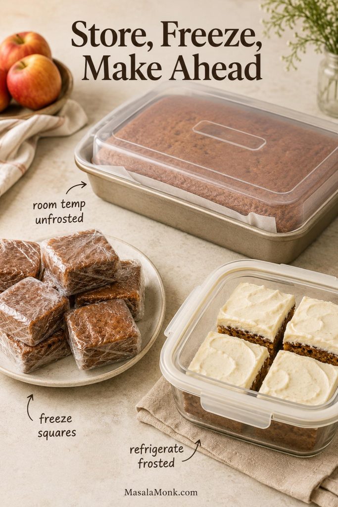 Storage guide showing a covered unfrosted applesauce cake pan, wrapped cake squares for freezing, and frosted slices in a container.