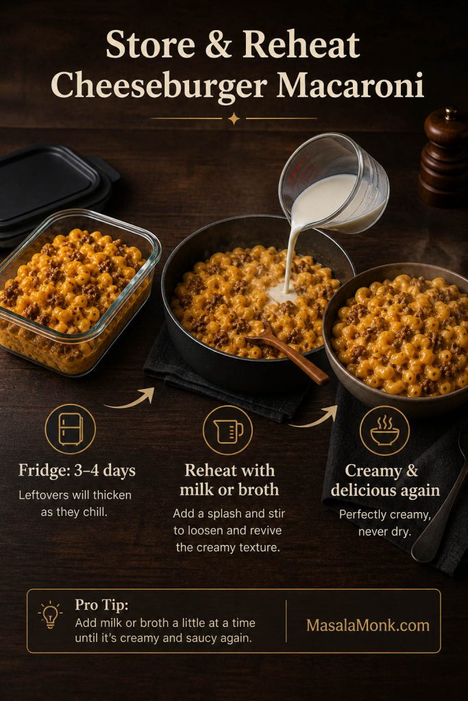 Leftover cheeseburger macaroni in a storage container, being reheated with milk or broth, with a finished bowl nearby.