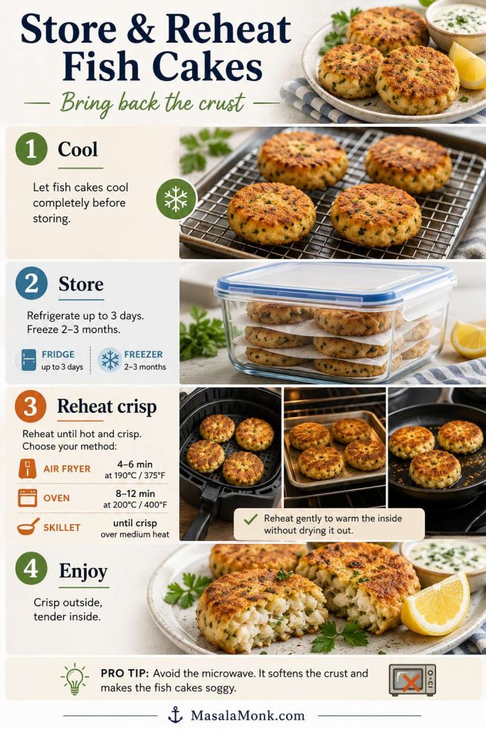 Storage and reheating guide showing fish cakes cooling, stored in a container, reheated in air fryer, oven, or skillet, and served crisp