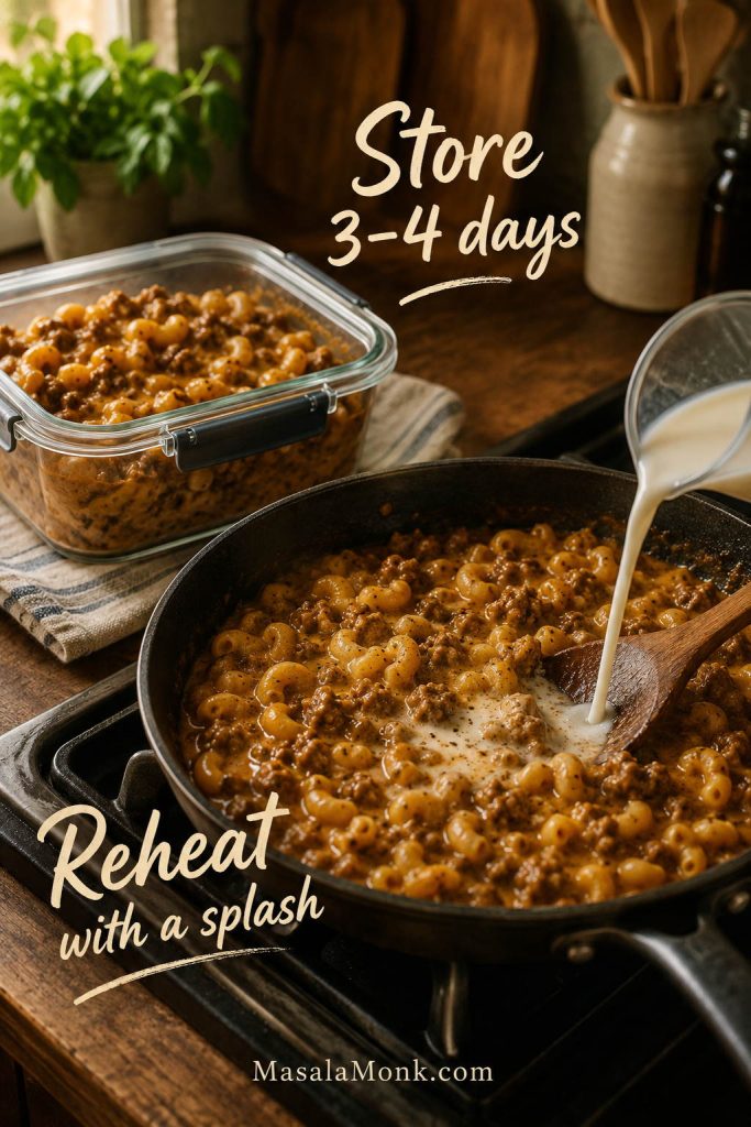 Leftover homemade Hamburger Helper in a storage container and a skillet being reheated with a splash of milk.