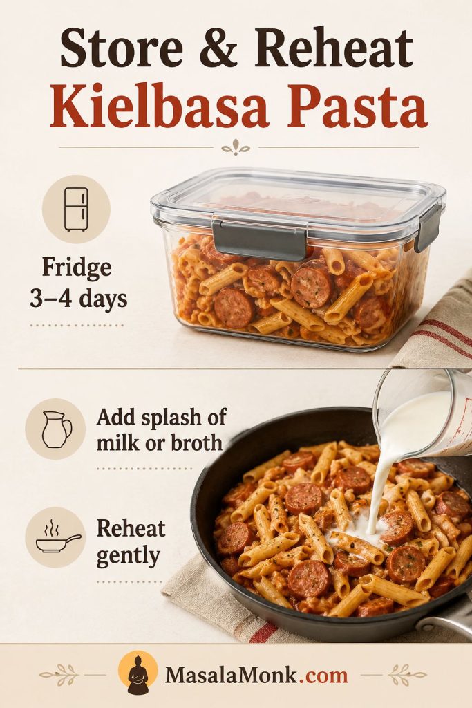 Storage and reheating guide showing kielbasa pasta in an airtight container and pasta reheating with a splash of milk or broth.