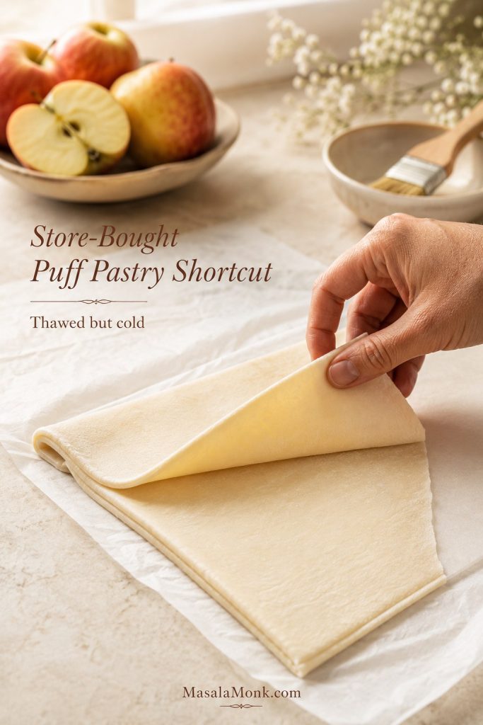 Store-bought puff pastry unfolded on parchment with sliced apples and a pastry brush nearby.