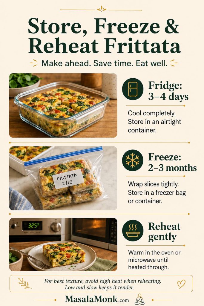 Storage guide showing frittata slices in a container, wrapped freezer portions, and a reheated slice on a plate.