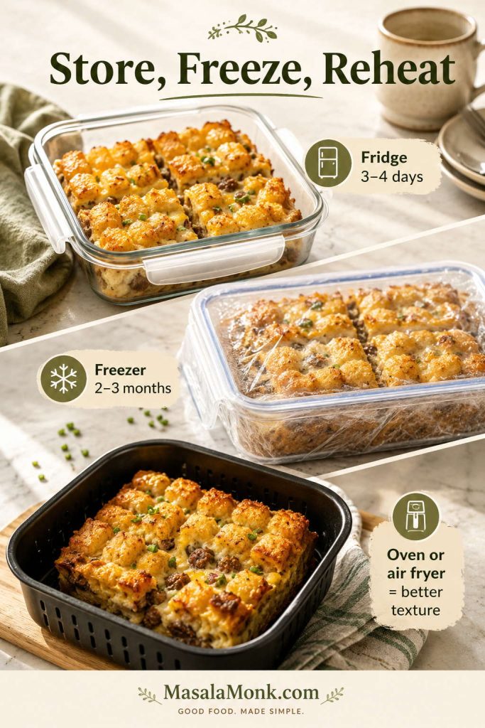 Storage guide for tater tot breakfast casserole showing fridge storage, freezer portions, and reheating in an air fryer or oven.
