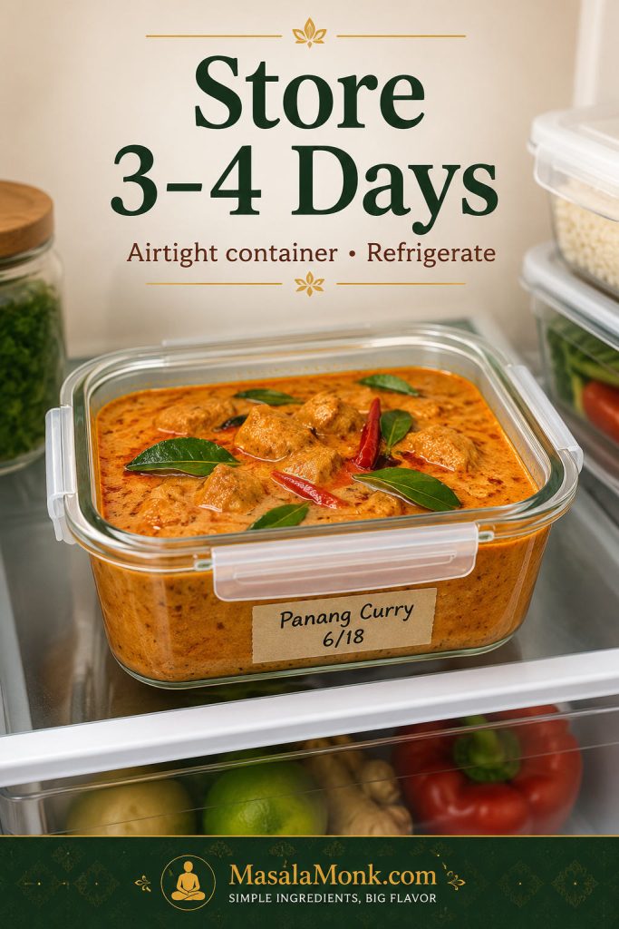 Panang curry leftovers stored in an airtight glass container on a refrigerator shelf with text saying store three to four days.