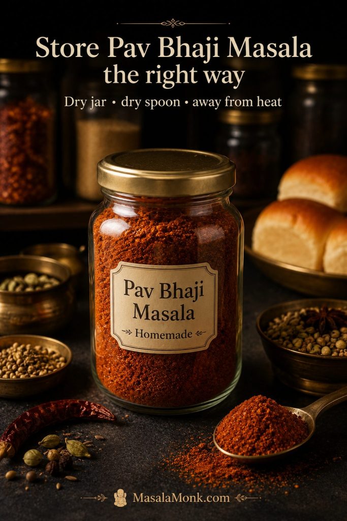 Homemade pav bhaji masala stored in a clean airtight glass jar with a dry spoon on a dark pantry-style surface.