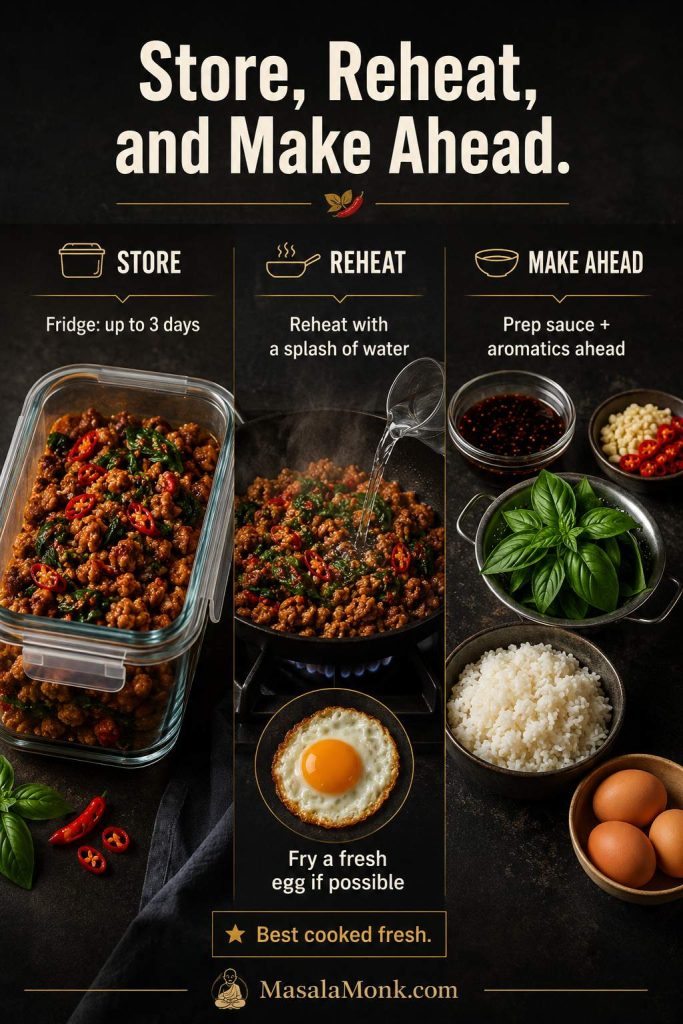 Storage, reheating, and make-ahead board with cooked Pad Kra Pao in a glass container, reheating skillet, rice, eggs, sauce, basil, garlic, and chilies.