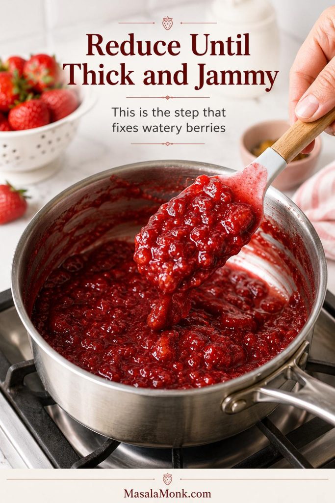 Thick reduced strawberries in a saucepan with a spoon showing jammy texture for ice cream