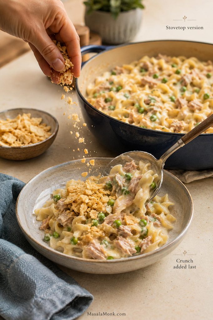 Stovetop tuna noodle casserole in a deep skillet with a serving topped with crushed crackers or chips.