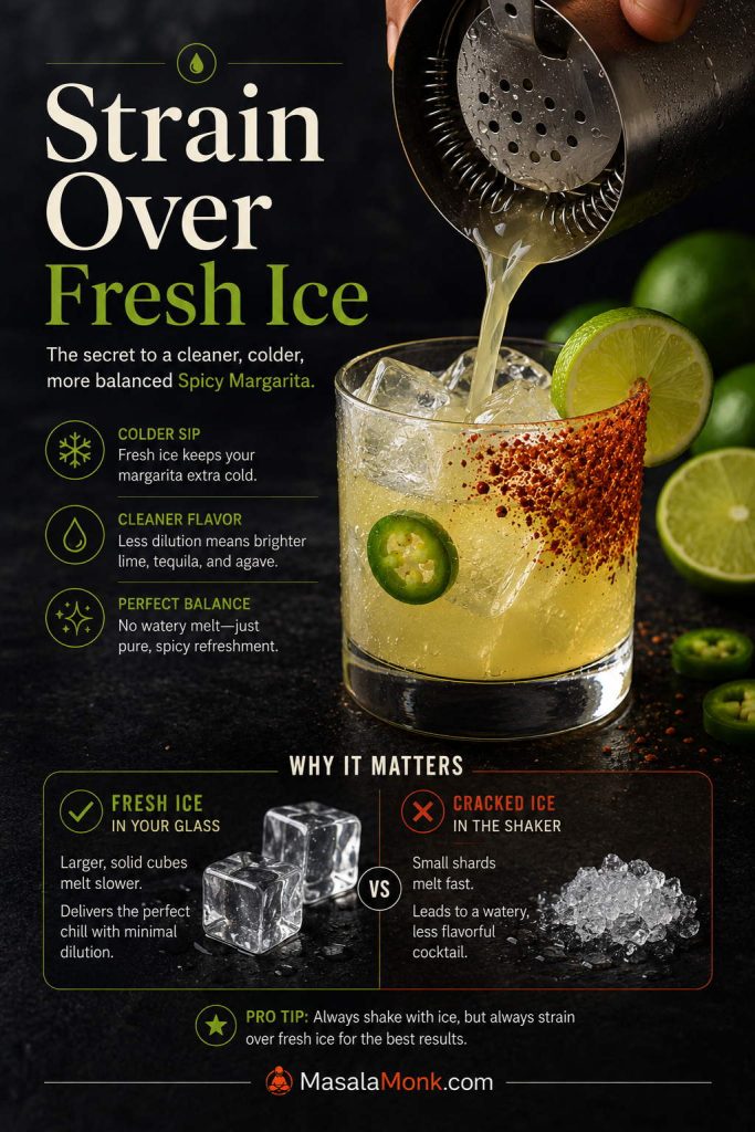 Spicy margarita being strained from a shaker over fresh ice with a comparison to cracked shaker ice.