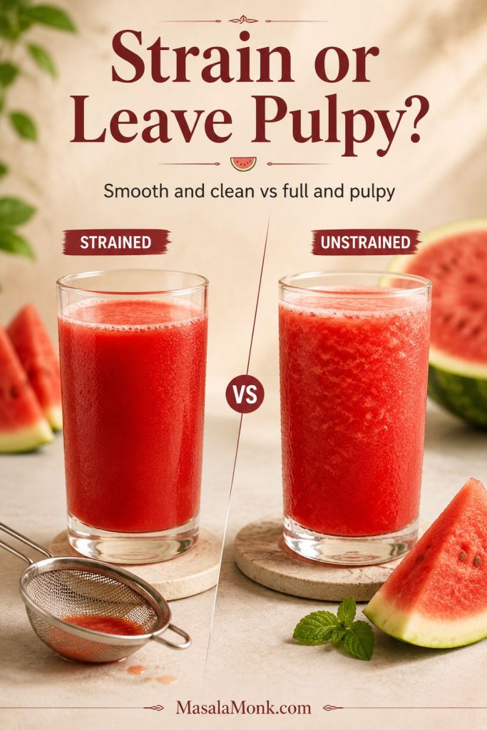 Comparison of strained watermelon juice and unstrained pulpy watermelon juice in clear glasses.