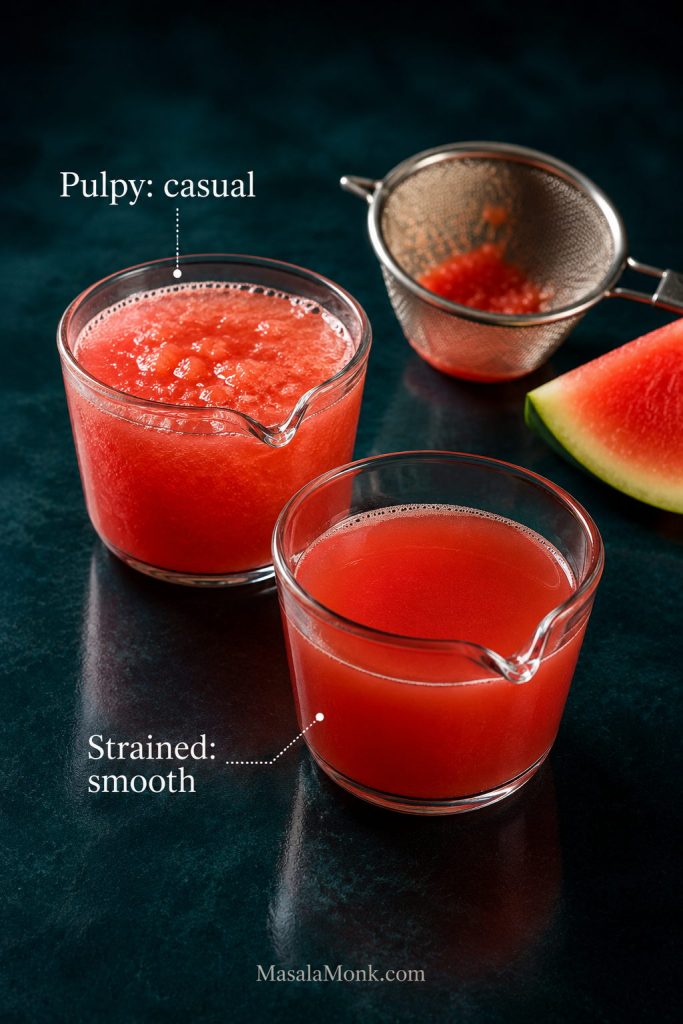 Pulpy and strained watermelon juice shown in two glasses with a fine-mesh strainer nearby.