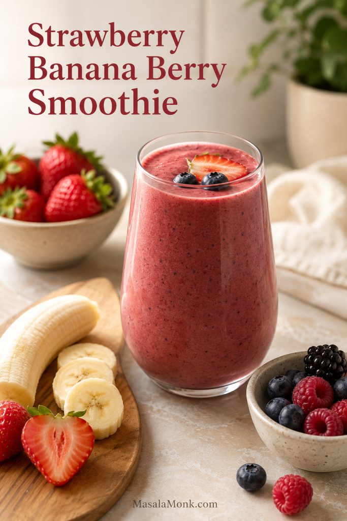 Strawberry banana berry smoothie with strawberries, banana slices, and mixed berries on a light breakfast surface.