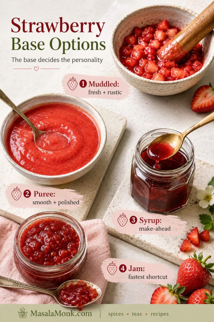 Four strawberry base options for strawberry matcha latte including muddled berries, puree, syrup, and jam shortcut.