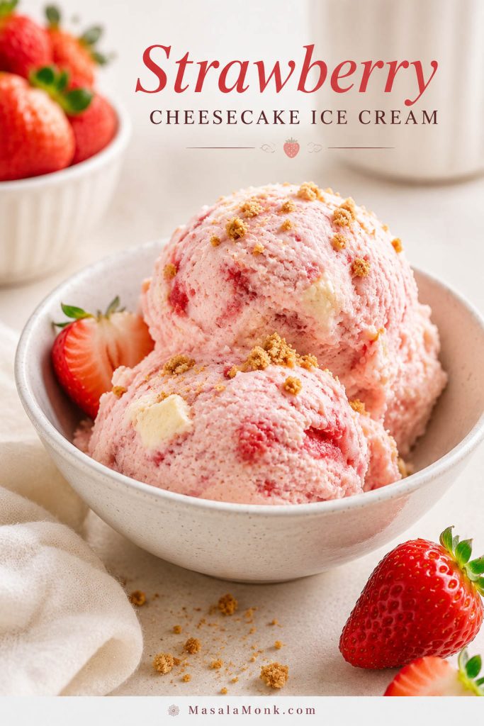 Strawberry cheesecake ice cream scoops with graham crumbs, strawberry pieces, and creamy cheesecake-style swirls