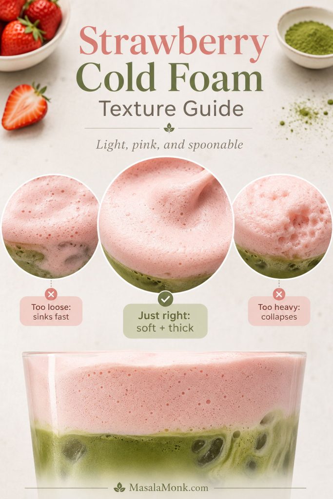 Strawberry cold foam texture guide showing too loose, just right, and too heavy foam on matcha drinks.
