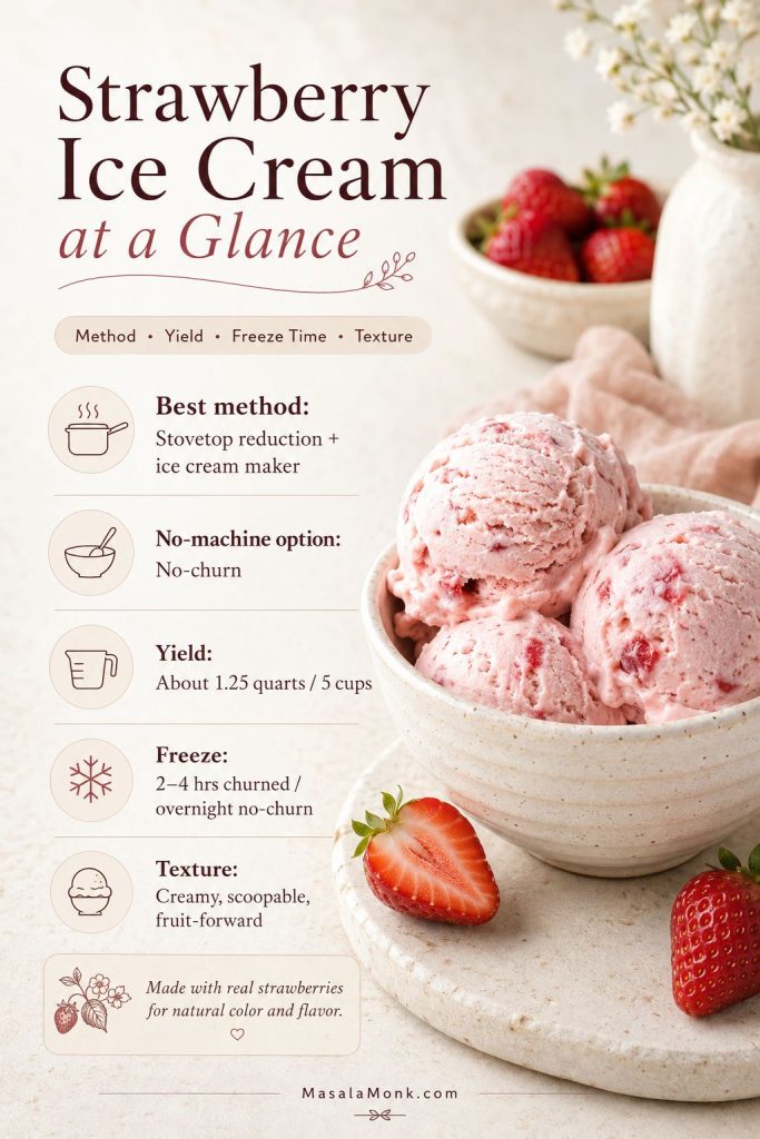 At-a-glance strawberry ice cream guide showing method, yield, freeze time, and texture notes