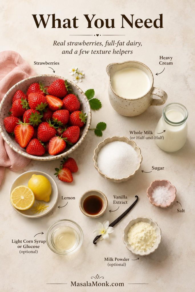 Ingredients for homemade strawberry ice cream including strawberries, cream, milk, sugar, lemon, vanilla, salt, and milk powder