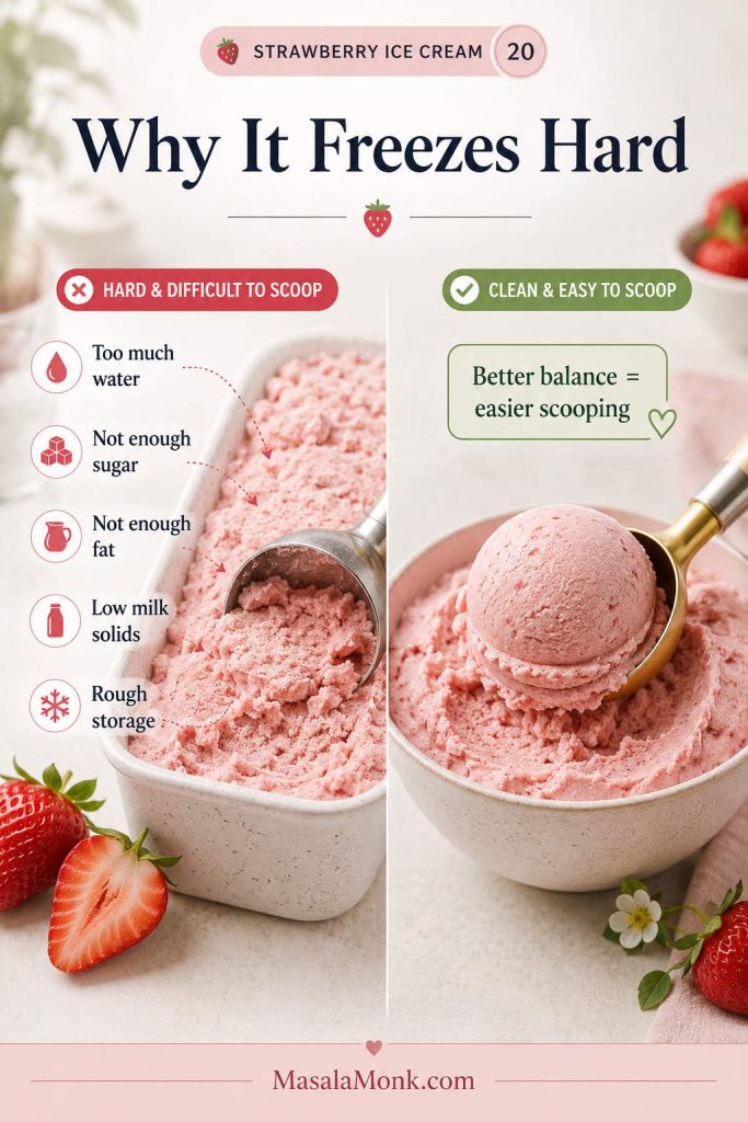 Troubleshooting guide for strawberry ice cream problems including icy texture, hard scoops, weak flavor, dense no-churn texture, and frozen chunks