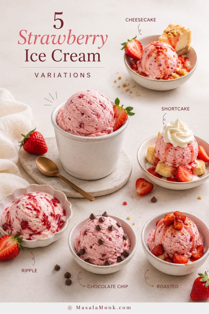 Five strawberry ice cream variations including cheesecake, shortcake, ripple, chocolate chip, and roasted strawberry