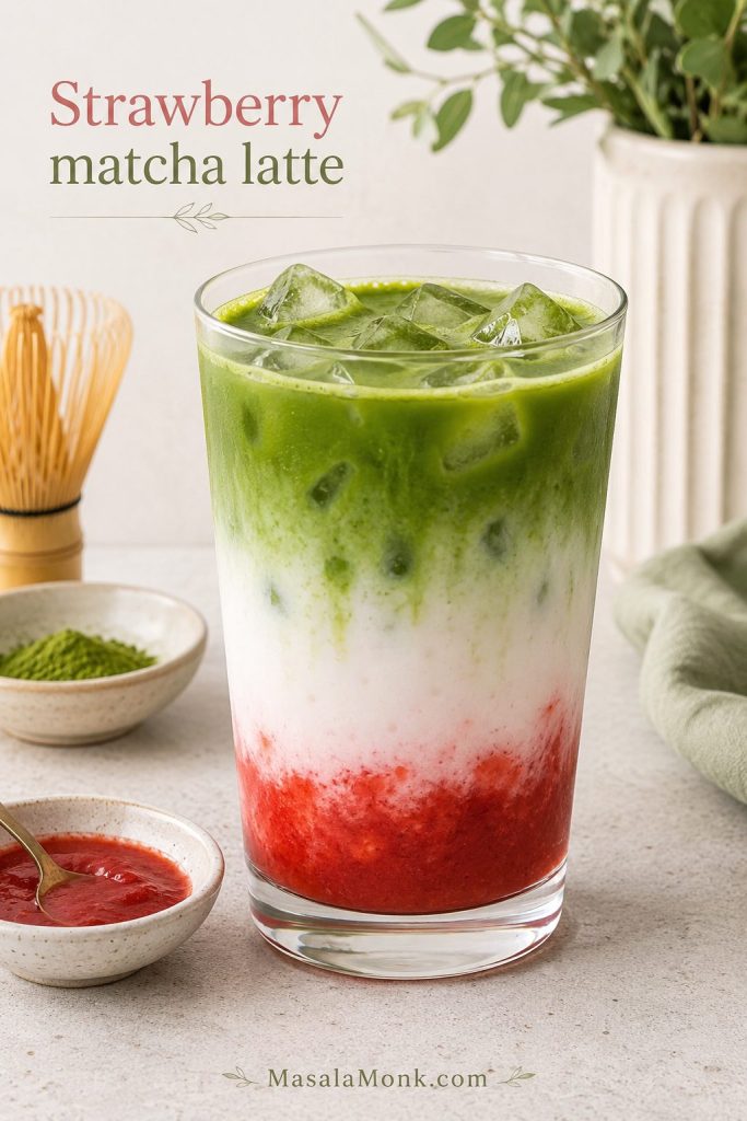 Strawberry iced matcha latte with red strawberry puree, milk, matcha, and ice in visible layers