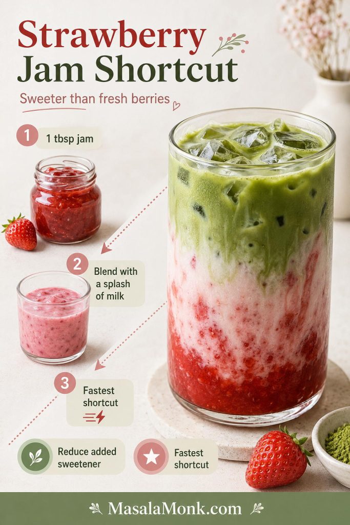 Strawberry jam shortcut guide showing jam, jam mixed with milk, and a finished strawberry matcha latte.