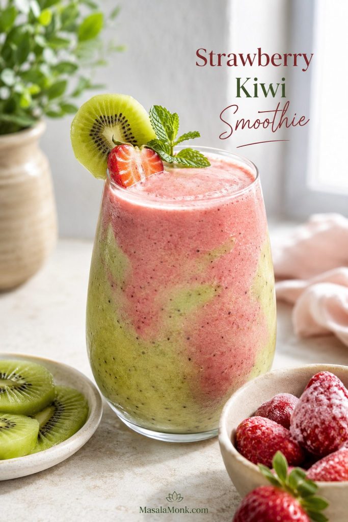 Strawberry kiwi smoothie with pink and green blended layers, kiwi, and strawberries