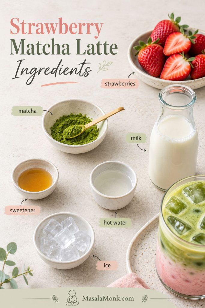 Ingredients for strawberry matcha latte including strawberries, matcha powder, milk, sweetener, hot water, ice, and a partial finished drink.