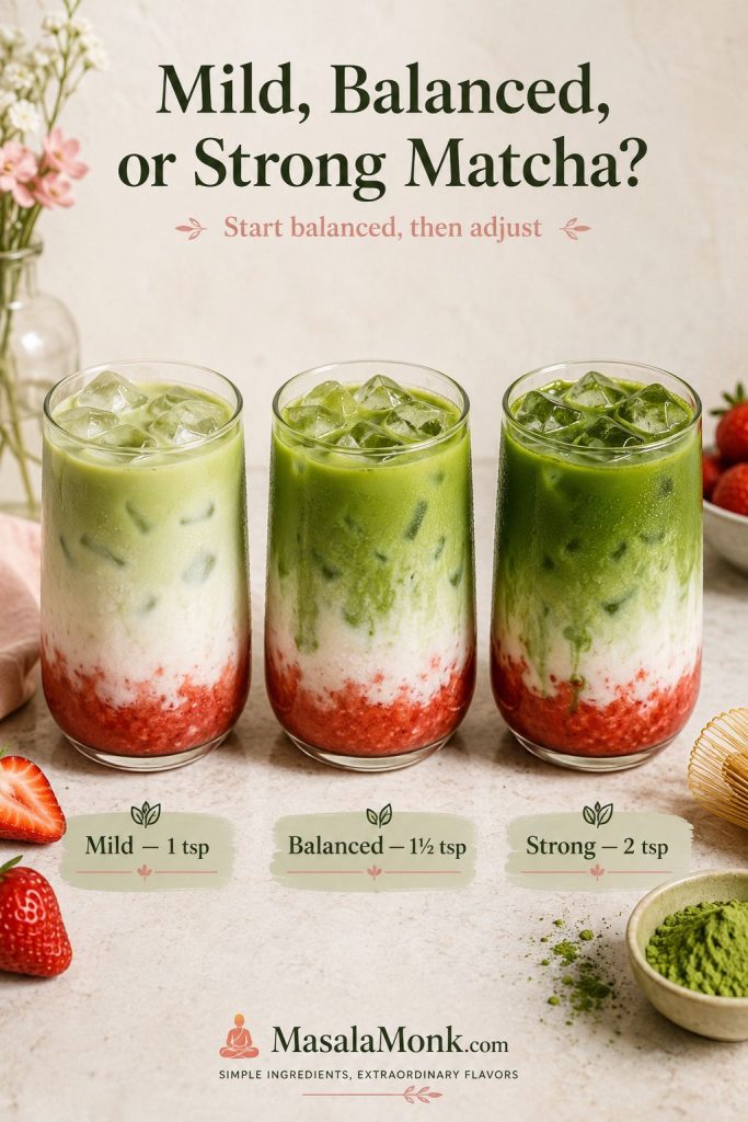 Three strawberry matcha lattes showing mild, balanced, and strong matcha levels from 1 teaspoon to 2 teaspoons.