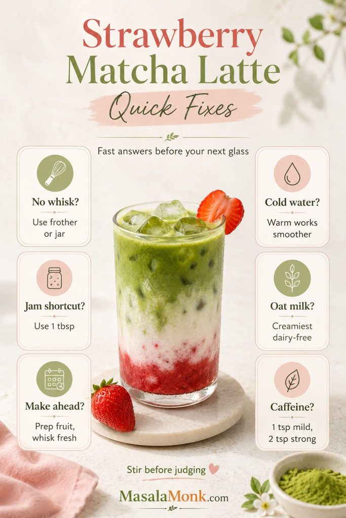 Quick fixes board for strawberry matcha latte with answers about whisking, warm water, jam, oat milk, make-ahead prep, and caffeine strength.