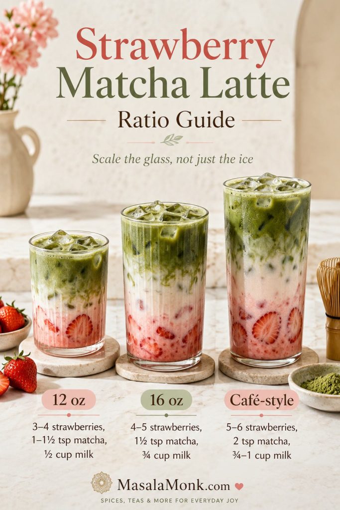 Three strawberry matcha lattes in 12-ounce, 16-ounce, and café-style sizes with ratio labels for berries, matcha, and milk.