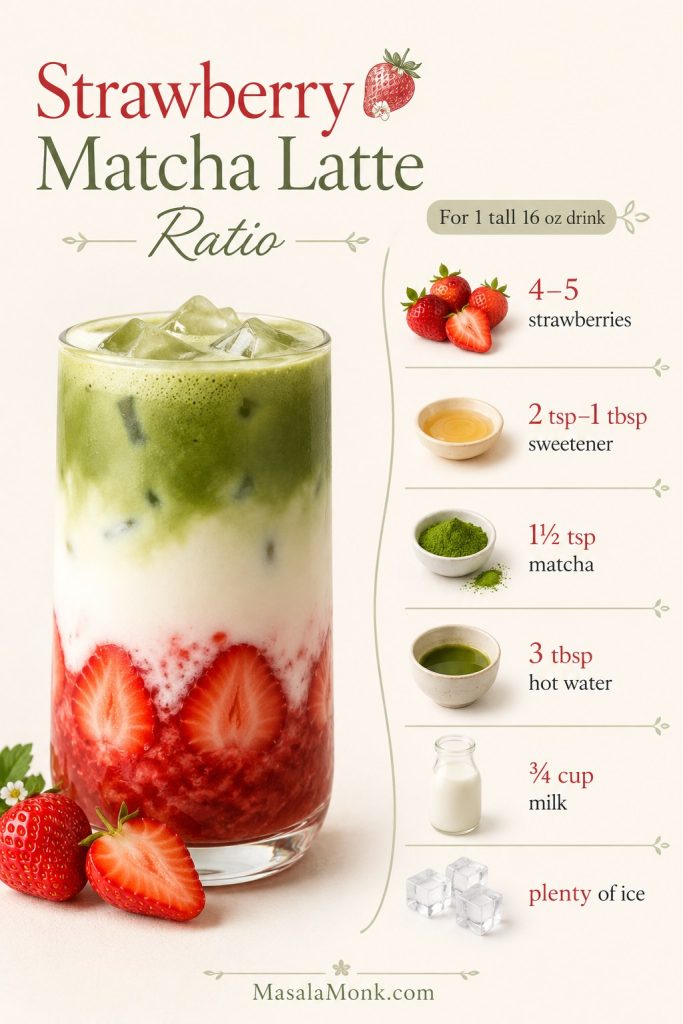 Strawberry matcha latte ratio guide showing one layered drink with strawberries, sweetener, matcha, hot water, milk, and ice amounts.