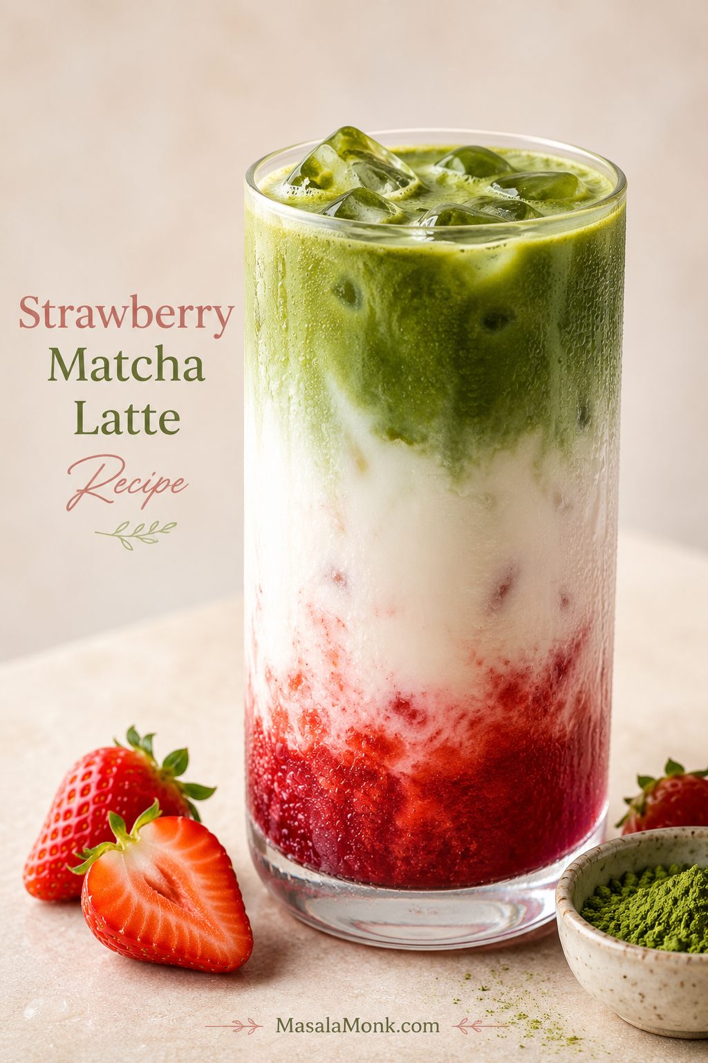 Tall iced strawberry matcha latte in a clear glass with red strawberry base, cold milk, green matcha, ice, strawberries, and matcha powder nearby.