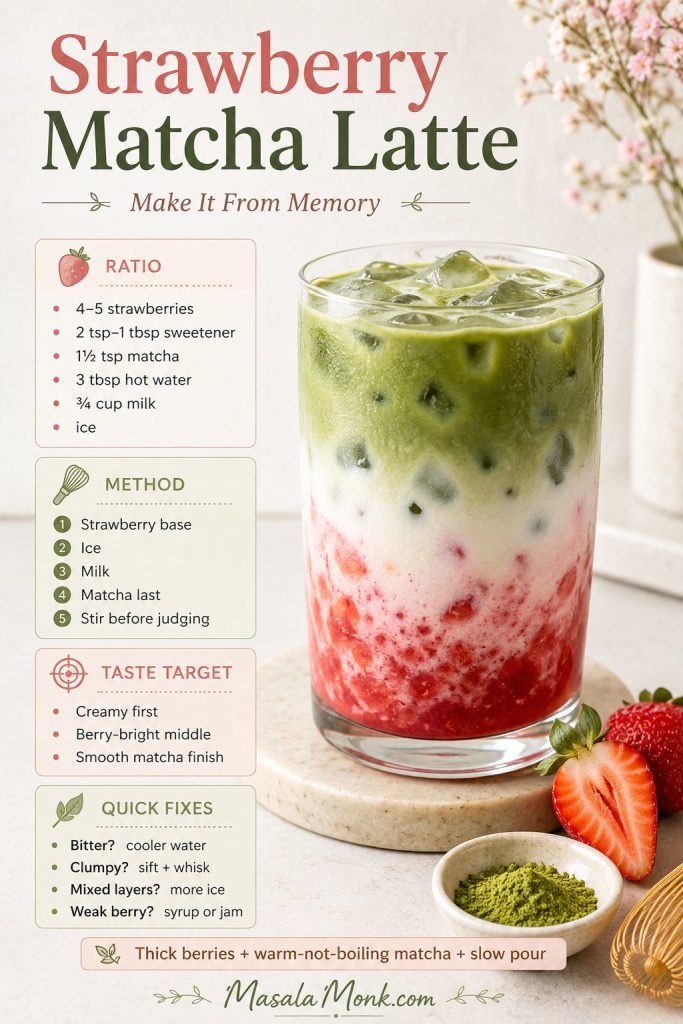Saveable strawberry matcha latte recipe card with ratio, method order, taste target, quick fixes, and a layered drink.