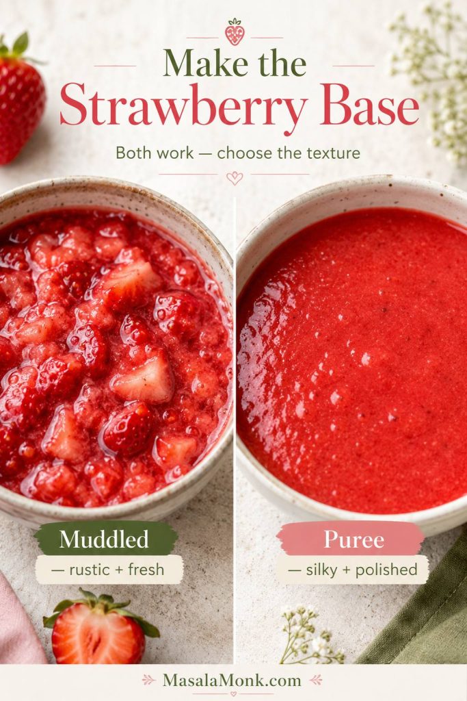 Close-up comparison of muddled strawberry base with fruit pieces and smooth strawberry puree in bowls.