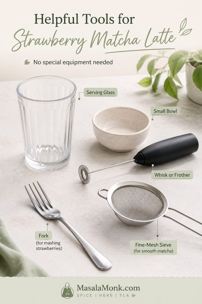 Tools for making strawberry matcha latte including clear glass, small bowl, whisk or frother, fork, and fine-mesh sieve.