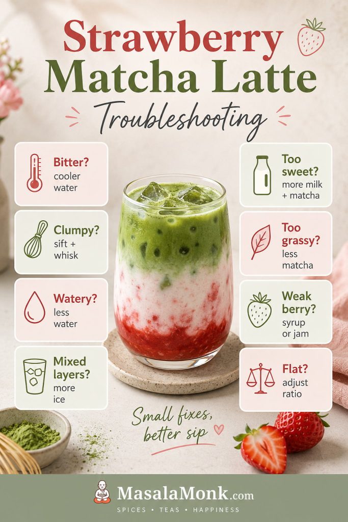 Troubleshooting guide for strawberry matcha latte with fixes for bitter, clumpy, watery, mixed layers, too sweet, too grassy, weak berry, and flat flavor.