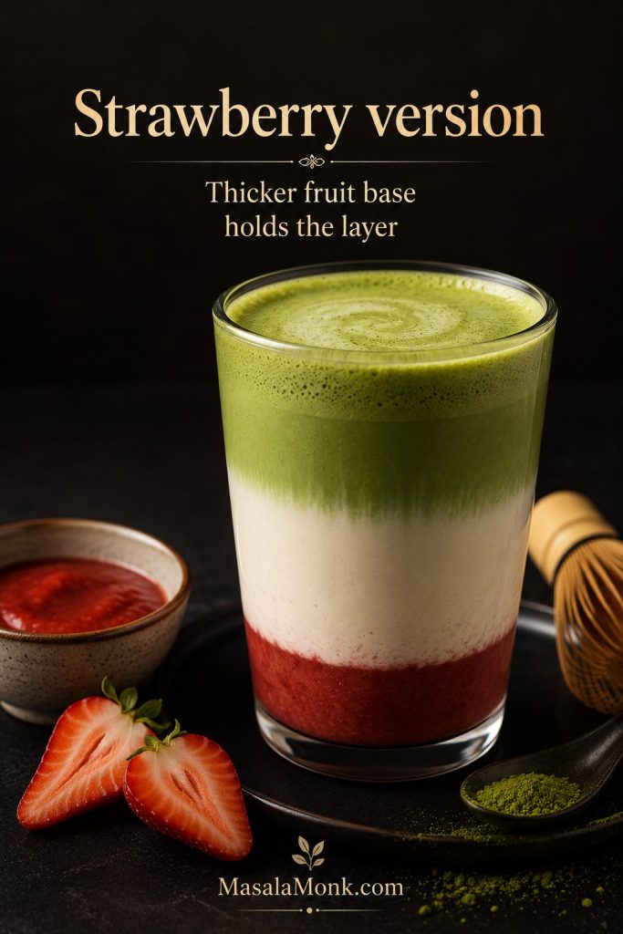 Layered strawberry matcha latte with strawberry base, milk layer, matcha layer, strawberries, and matcha powder.