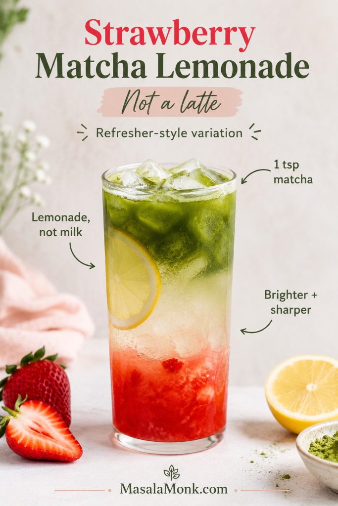 Strawberry matcha lemonade with strawberry base, lemonade layer, matcha top, ice, lemon slice, and not-a-latte label.