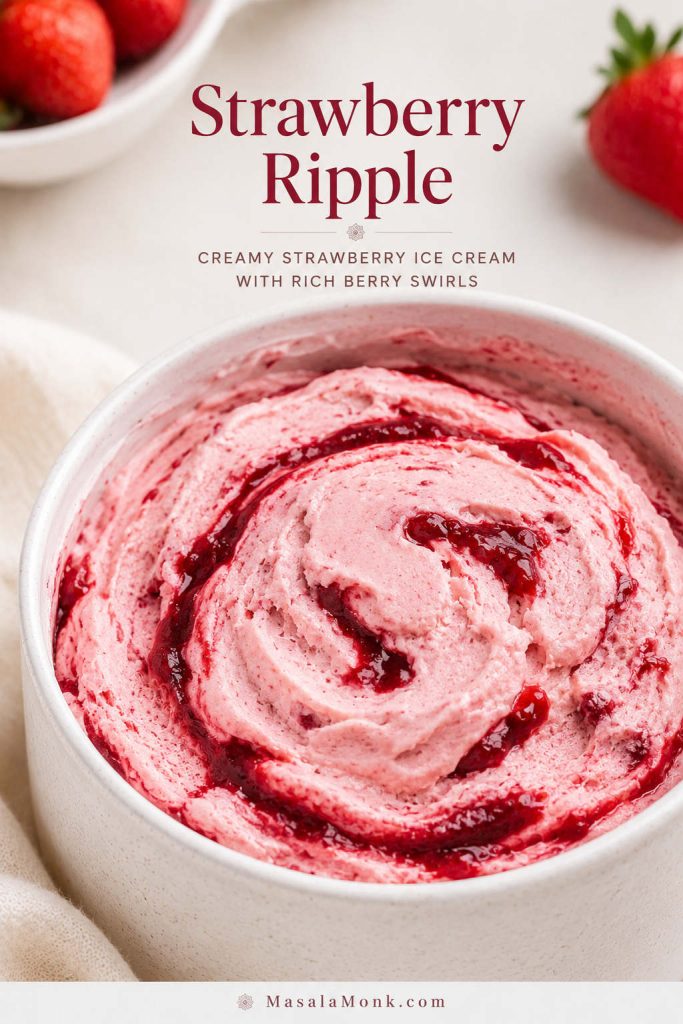 Close-up strawberry ripple ice cream with thick red berry swirls through a pale pink base